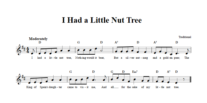 I Had a Little Nut Tree Treble Clef Sheet Music for C Instruments