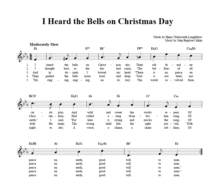 I Heard the Bells on Christmas Day Treble Clef Sheet Music for C Instruments