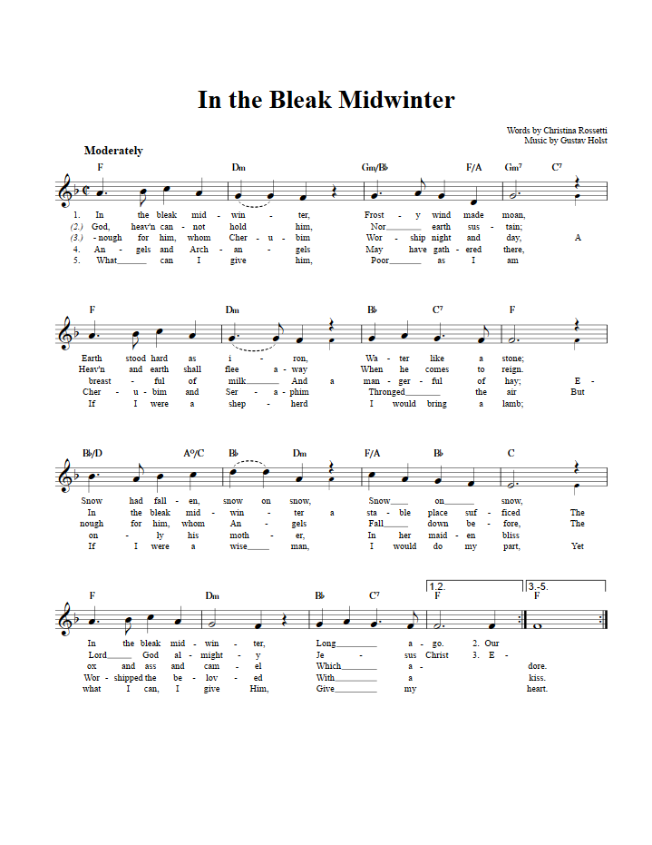 In the Bleak Midwinter Treble Clef Sheet Music for C Instruments