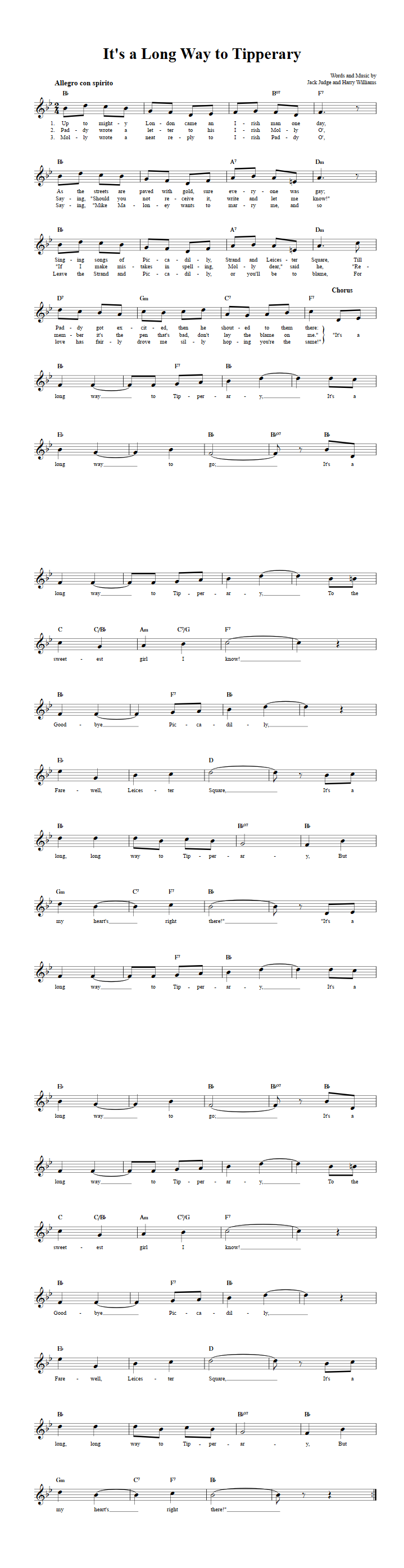 It's a Long Way to Tipperary Treble Clef Sheet Music for C Instruments