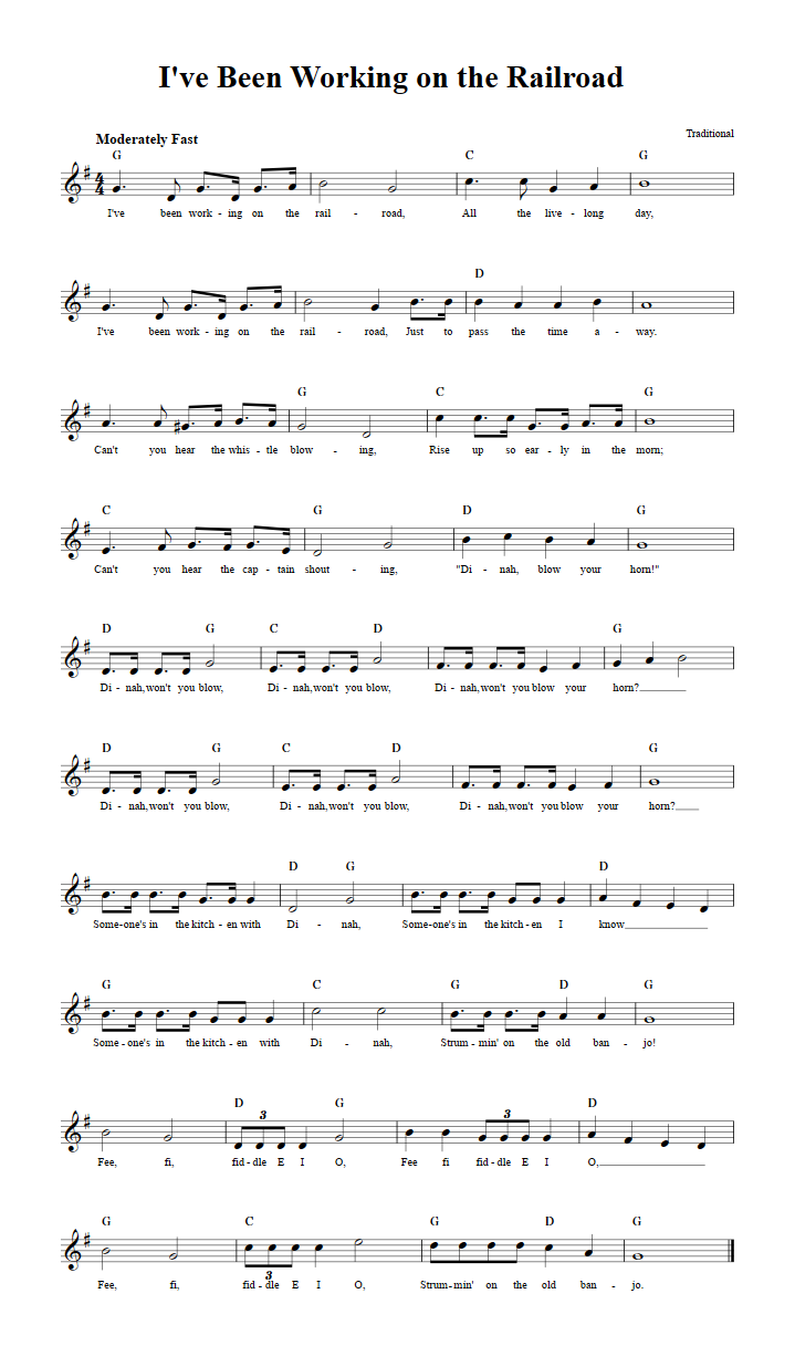 I've Been Working on the Railroad Treble Clef Sheet Music for C Instruments