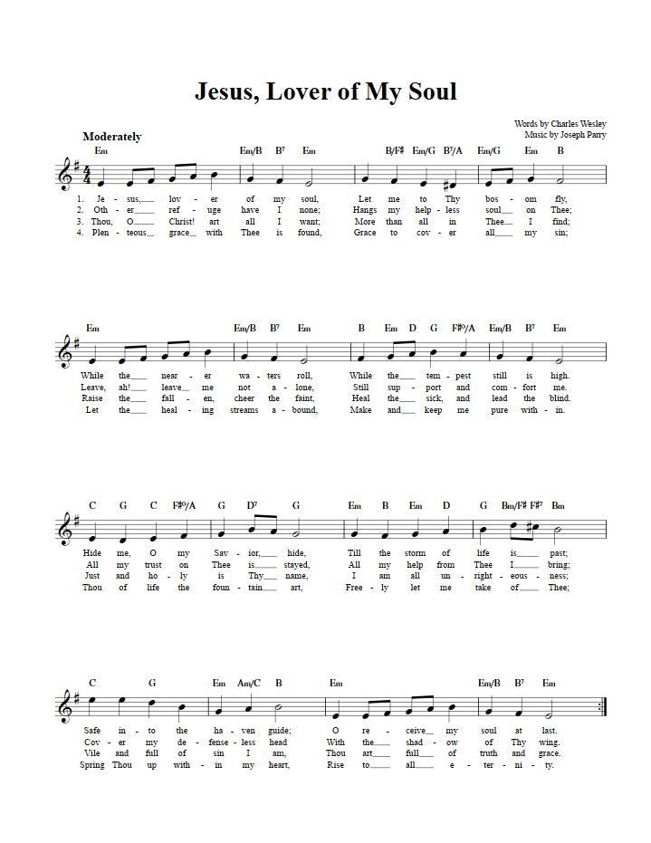Jesus, Lover of My Soul Treble Clef Sheet Music for C Instruments
