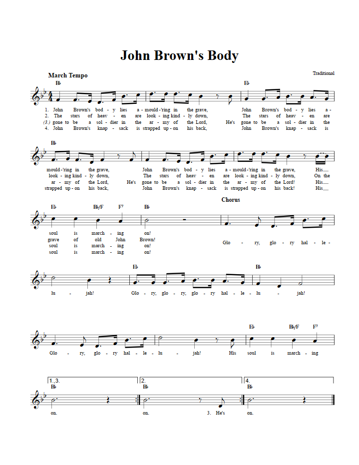 John Brown's Body Treble Clef Sheet Music for C Instruments