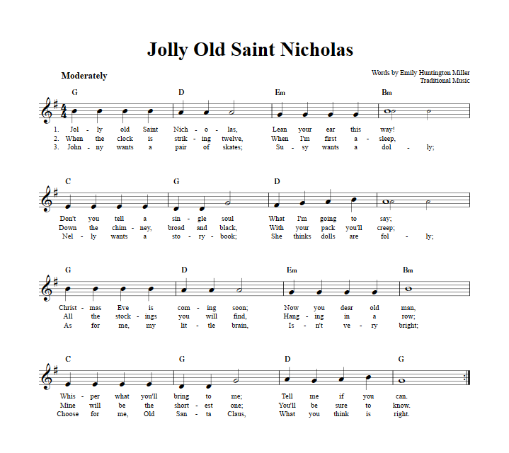 Jolly Old Saint Nicholas Treble Clef Sheet Music for C Instruments