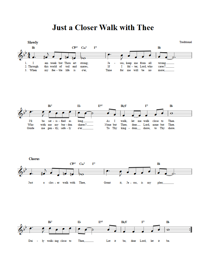 Just a Closer Walk with Thee Treble Clef Sheet Music for C Instruments