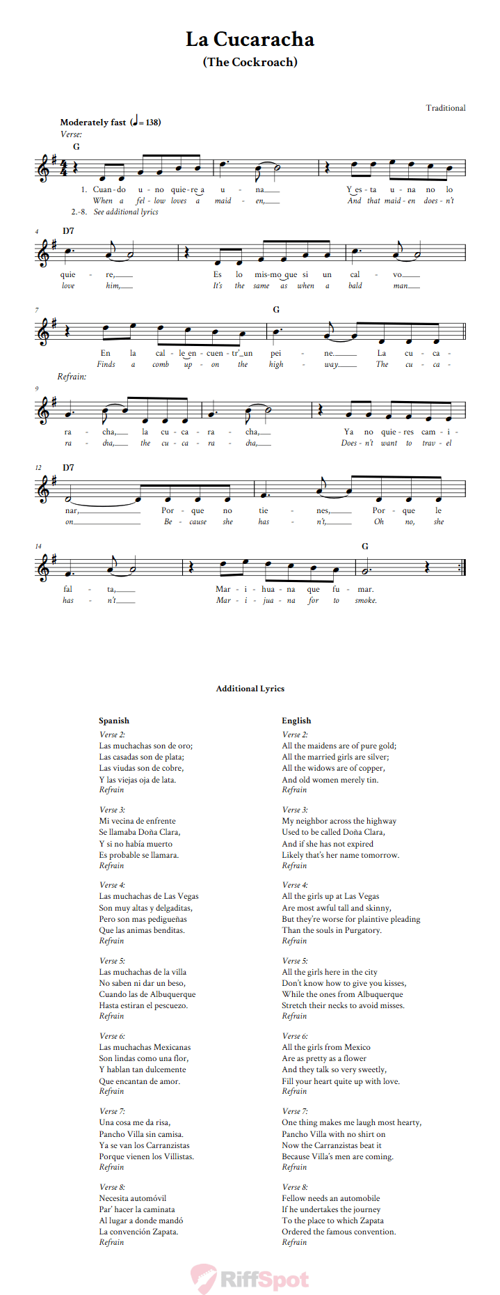 La Cucaracha Treble Clef Sheet Music for C Instruments