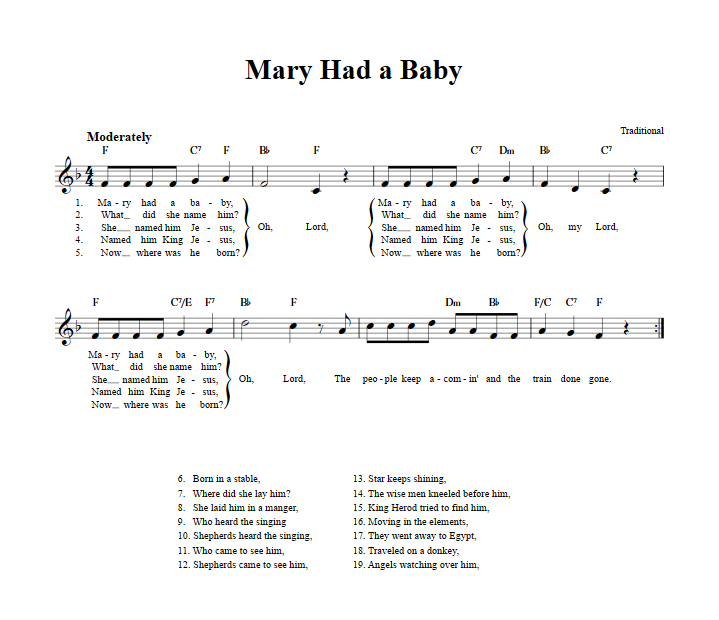 Mary Had a Baby Treble Clef Sheet Music for C Instruments