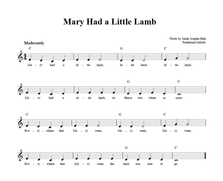 Mary Had a Little Lamb Treble Clef Sheet Music for C Instruments