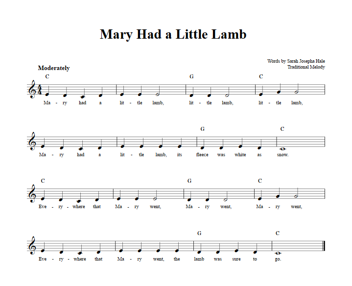 Traditional Mary Had A Little Lamb Sheet Music Notes Chords Download