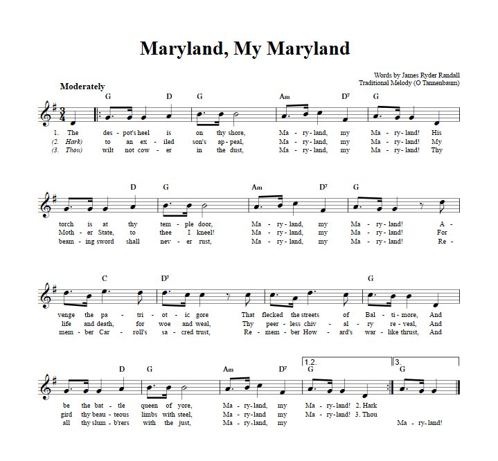 Maryland, My Maryland Treble Clef Sheet Music for C Instruments