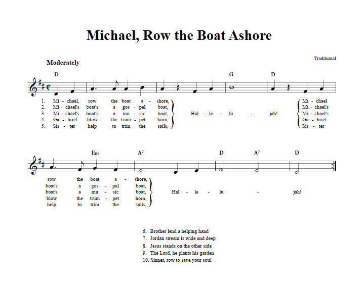 Michael Row the Boat Ashore Treble Clef Sheet Music for C Instruments
