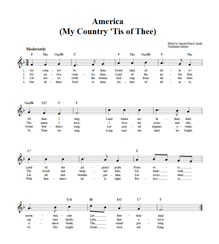 My Country, 'Tis of Thee Treble Clef Sheet Music for C Instruments