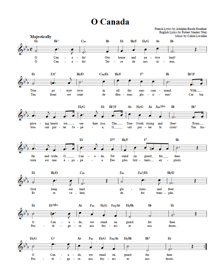O Canada Treble Clef Sheet Music for C Instruments