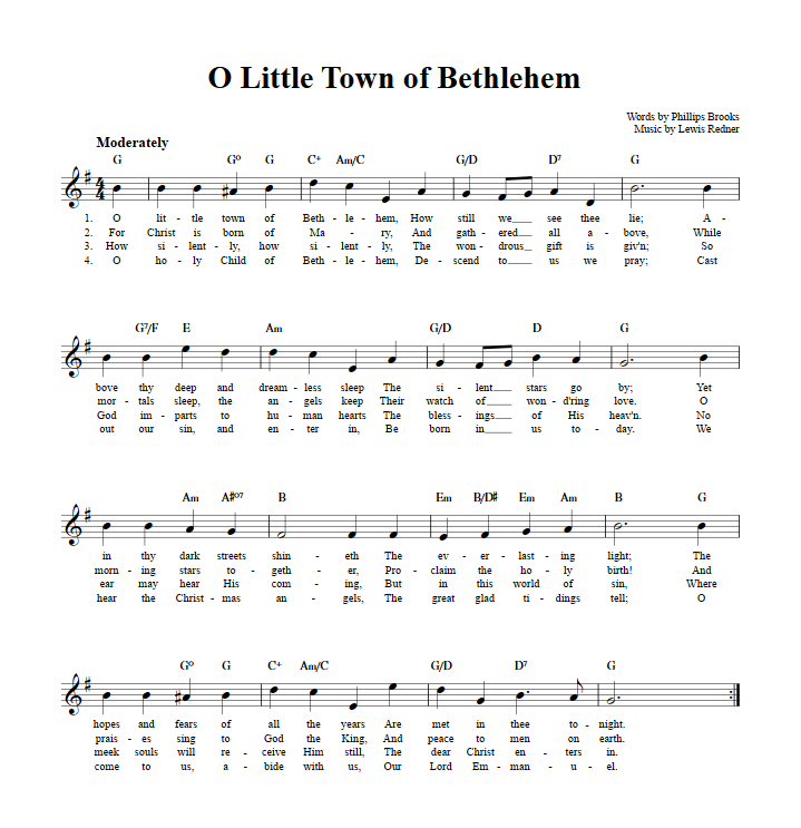 O Little Town of Bethlehem Treble Clef Sheet Music for C Instruments