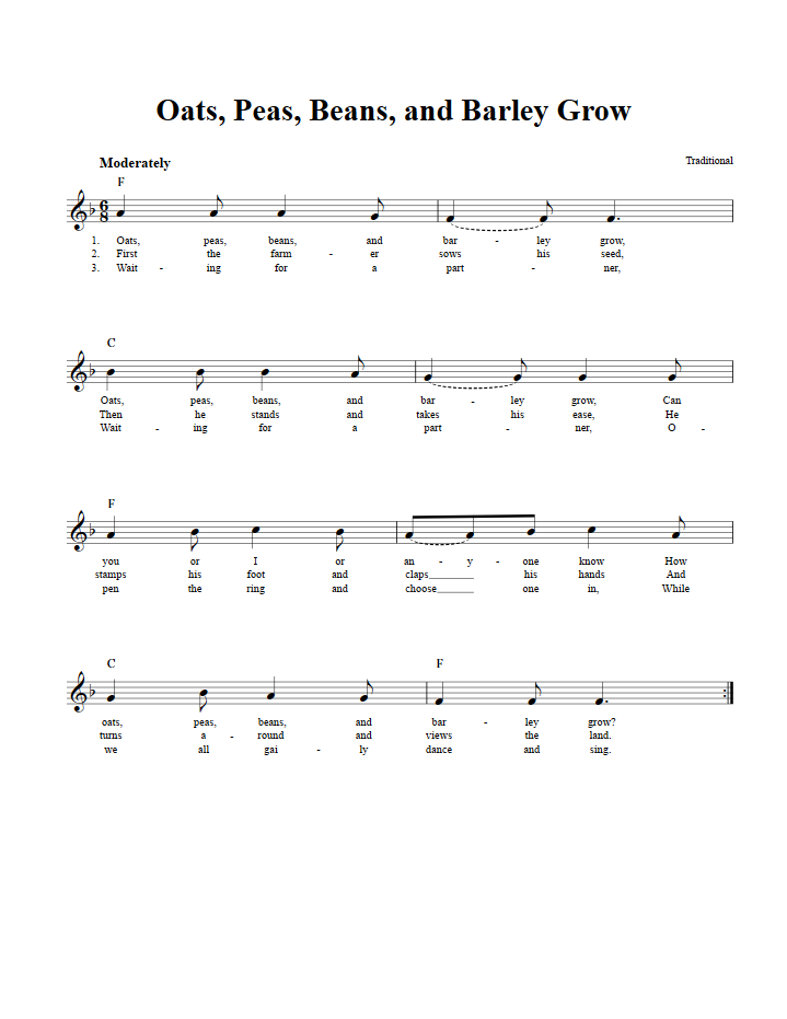 Oats, Peas, Beans, and Barley Grow Treble Clef Sheet Music for C Instruments