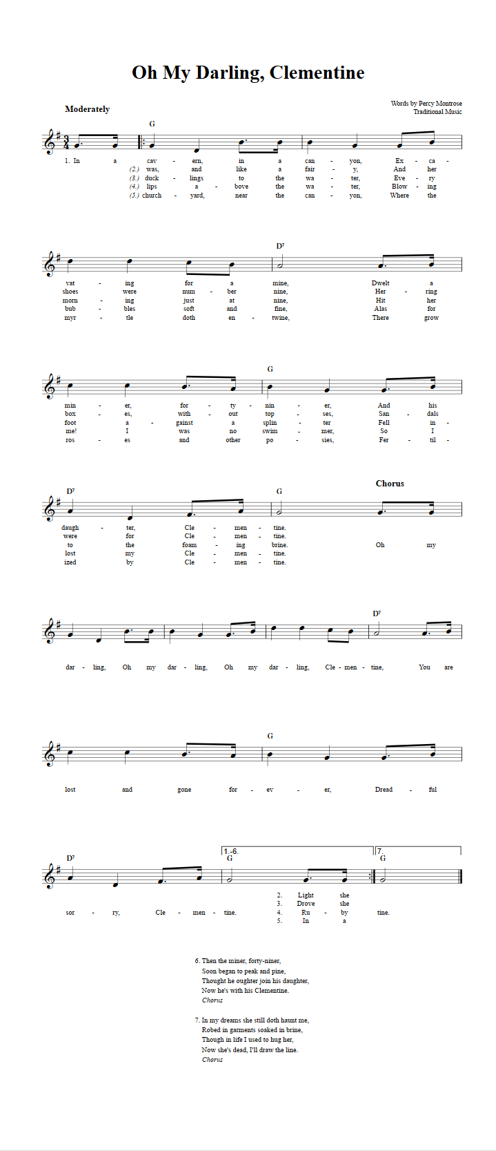 Oh My Darling, Clementine Treble Clef Sheet Music for C Instruments