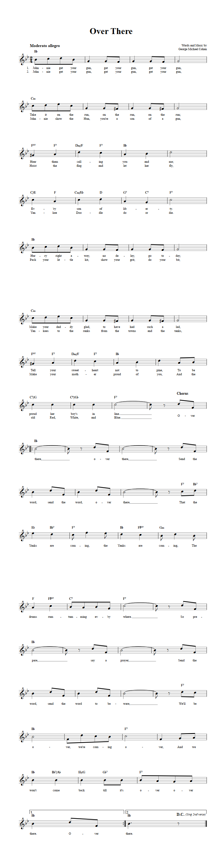Over There Treble Clef Sheet Music for C Instruments