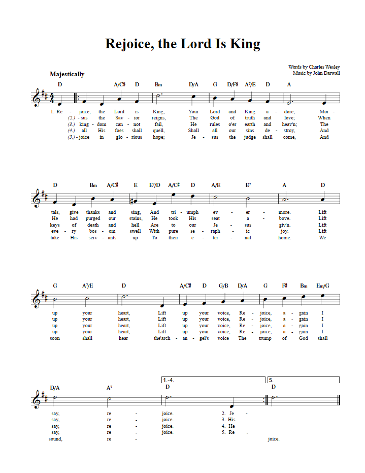Rejoice, the Lord Is King Treble Clef Sheet Music for C Instruments