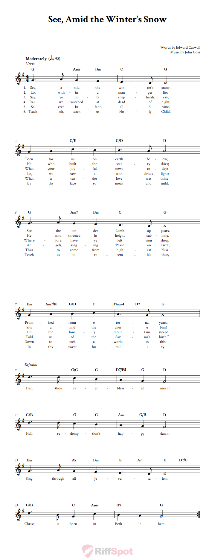 See, Amid the Winter's Snow Treble Clef Sheet Music for C Instruments