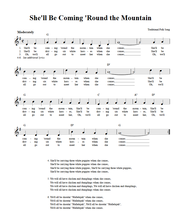 She'll Be Coming 'Round the Mountain Treble Clef Sheet Music for C Instruments