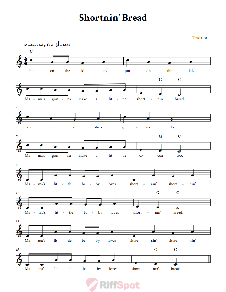 Shortnin' Bread Treble Clef Sheet Music for C Instruments