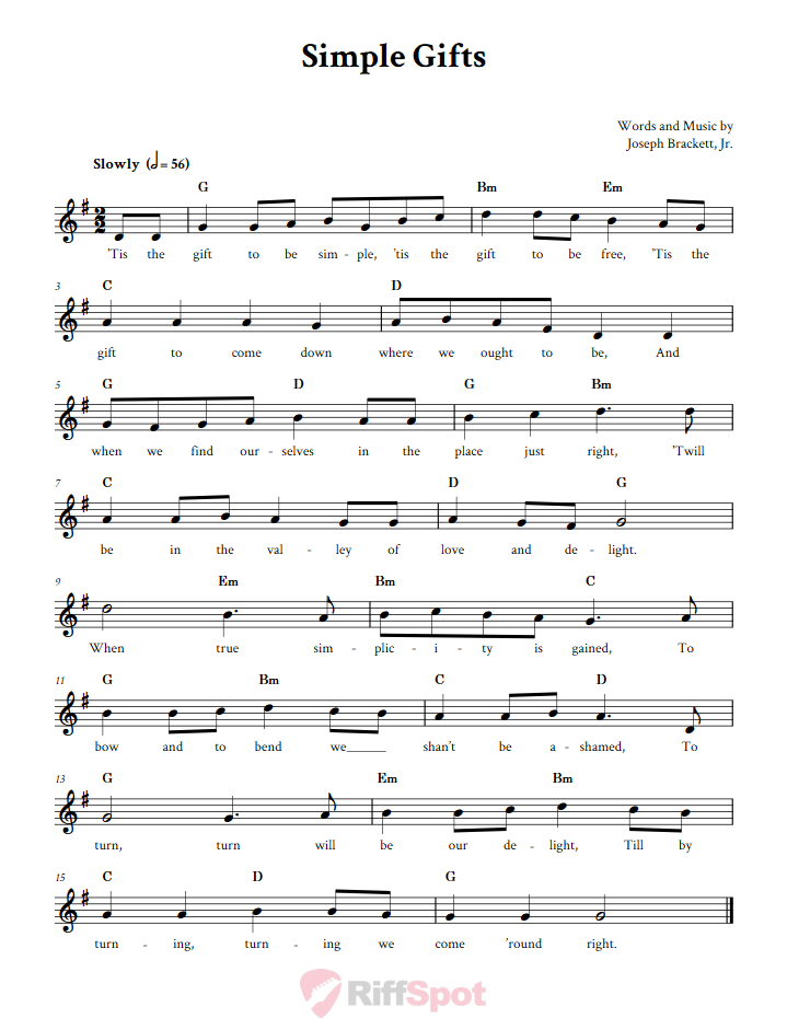 Simple Gifts Treble Clef Sheet Music for C Instruments