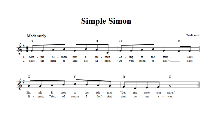 Simple Simon Treble Clef Sheet Music for C Instruments