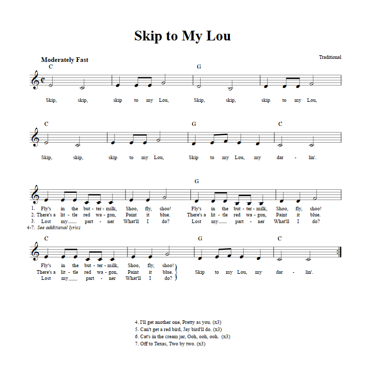 Skip to My Lou Treble Clef Sheet Music for C Instruments