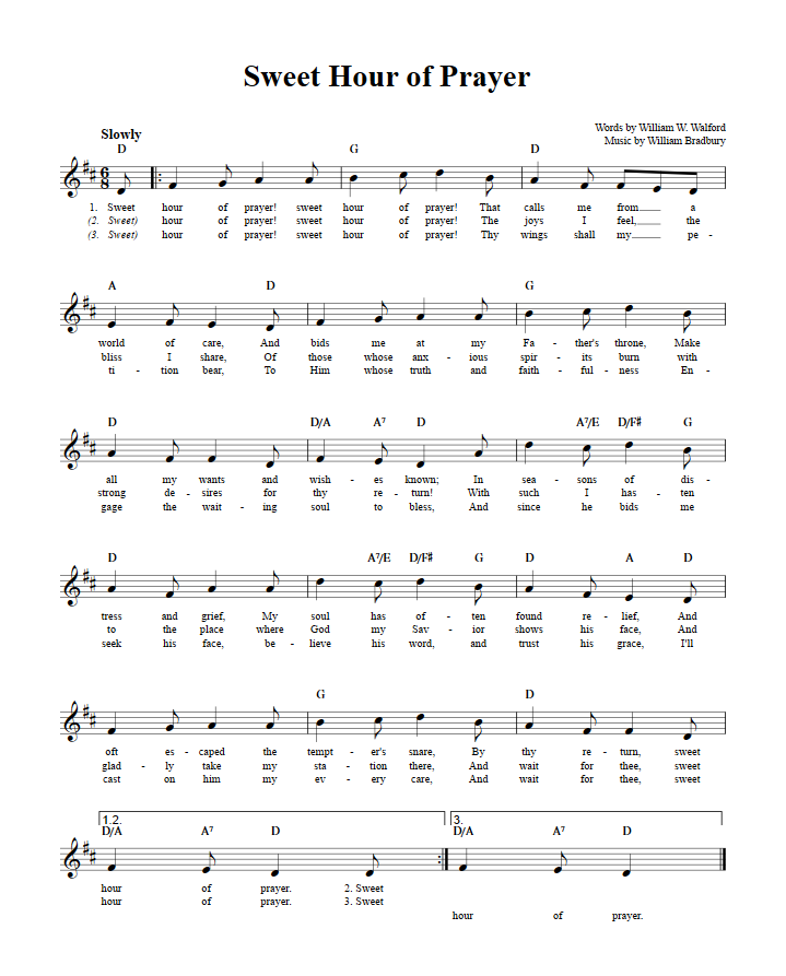 Sweet Hour of Prayer Treble Clef Sheet Music for C Instruments