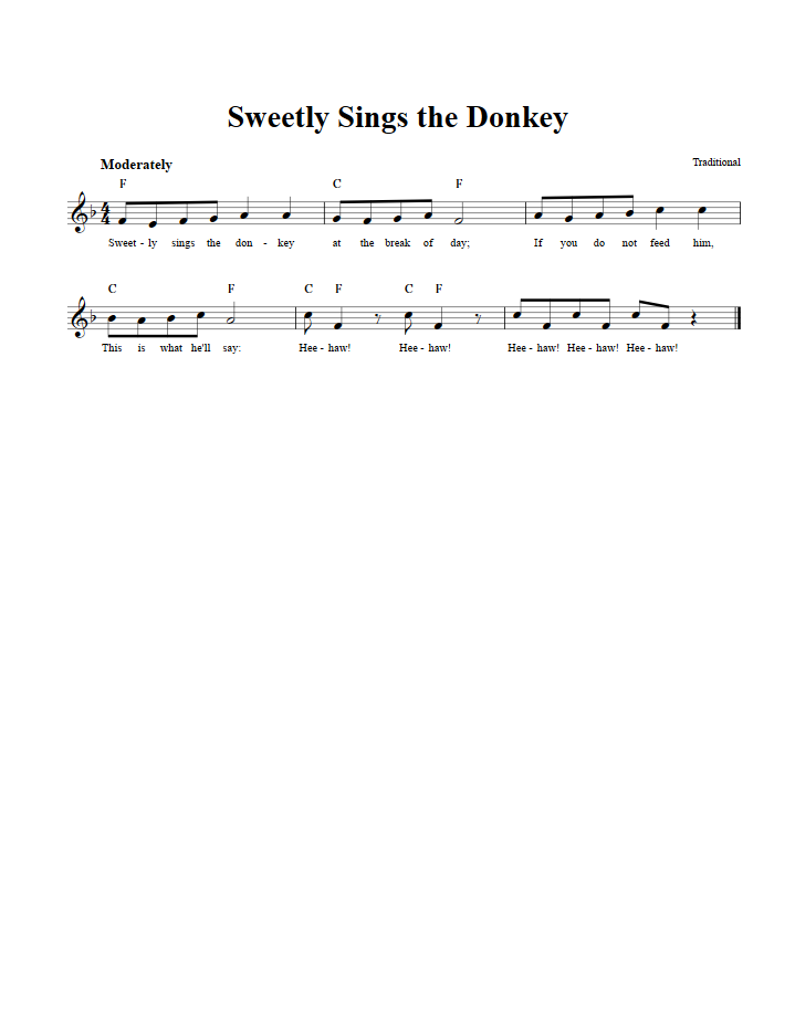 Sweetly Sings the Donkey Treble Clef Sheet Music for C Instruments