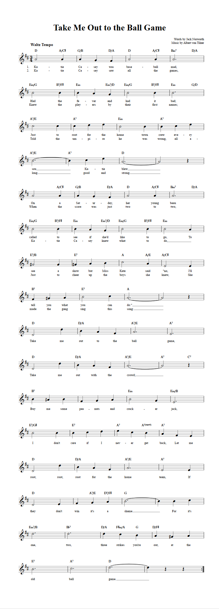 Take Me Out to the Ball Game Treble Clef Sheet Music for C Instruments