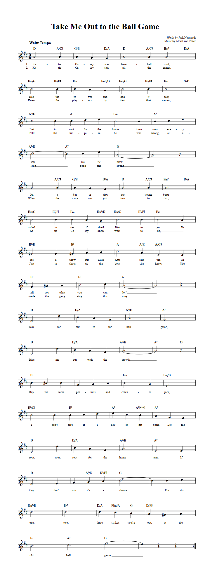 Take Me Out to the Ball Game C Instrument Sheet Music (Lead Sheet) with  Chords and Lyrics