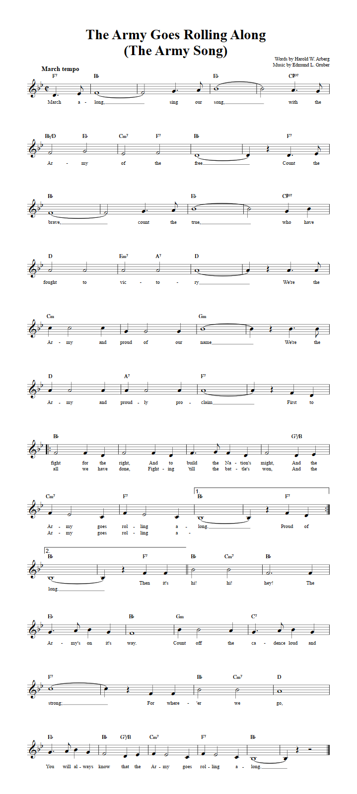 The Army Goes Rolling Along Treble Clef Sheet Music for C Instruments