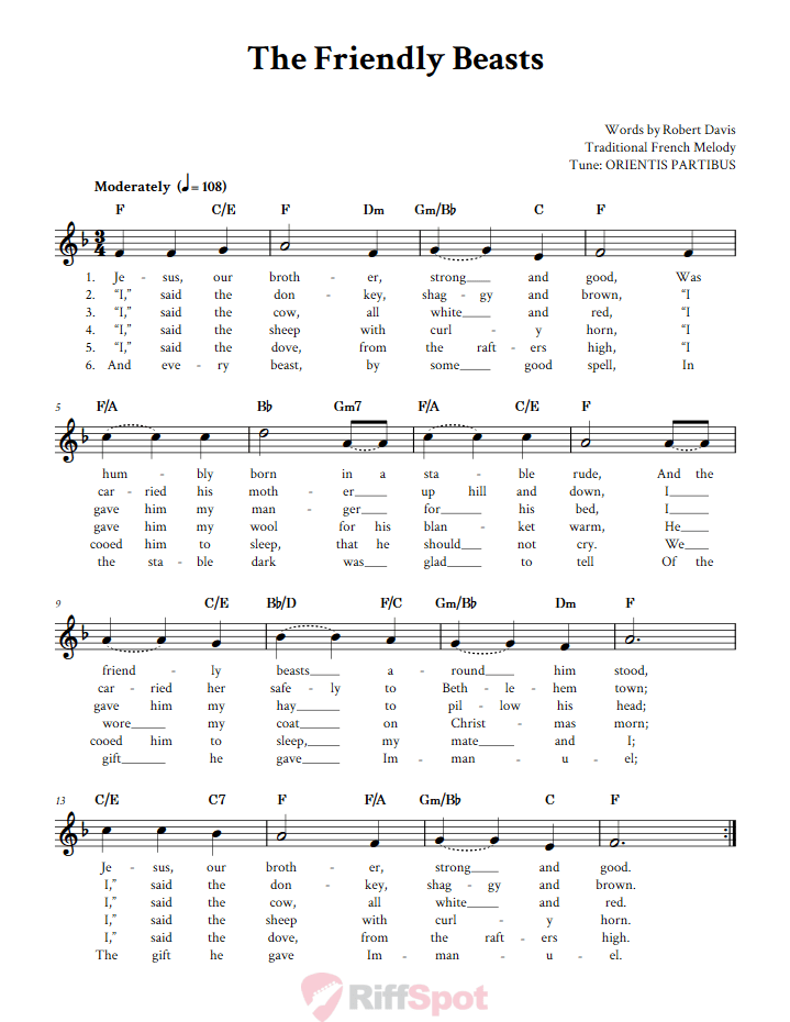 The Friendly Beasts Treble Clef Sheet Music for C Instruments