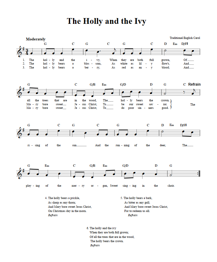 The Holly and the Ivy Treble Clef Sheet Music for C Instruments