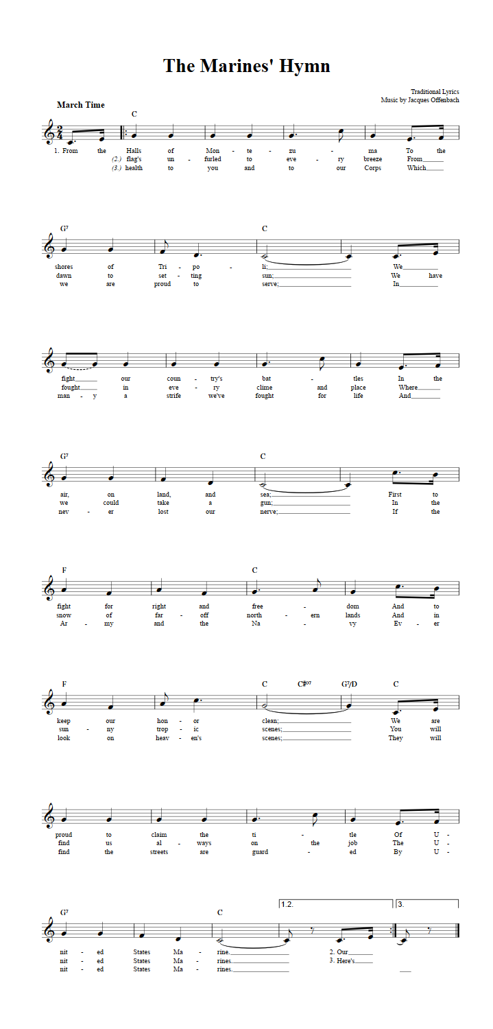 The Marines' Hymn Treble Clef Sheet Music for C Instruments