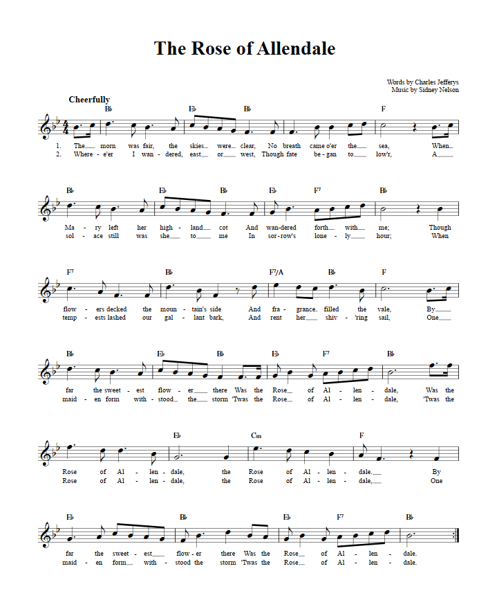 The Rose of Allendale Treble Clef Sheet Music for C Instruments
