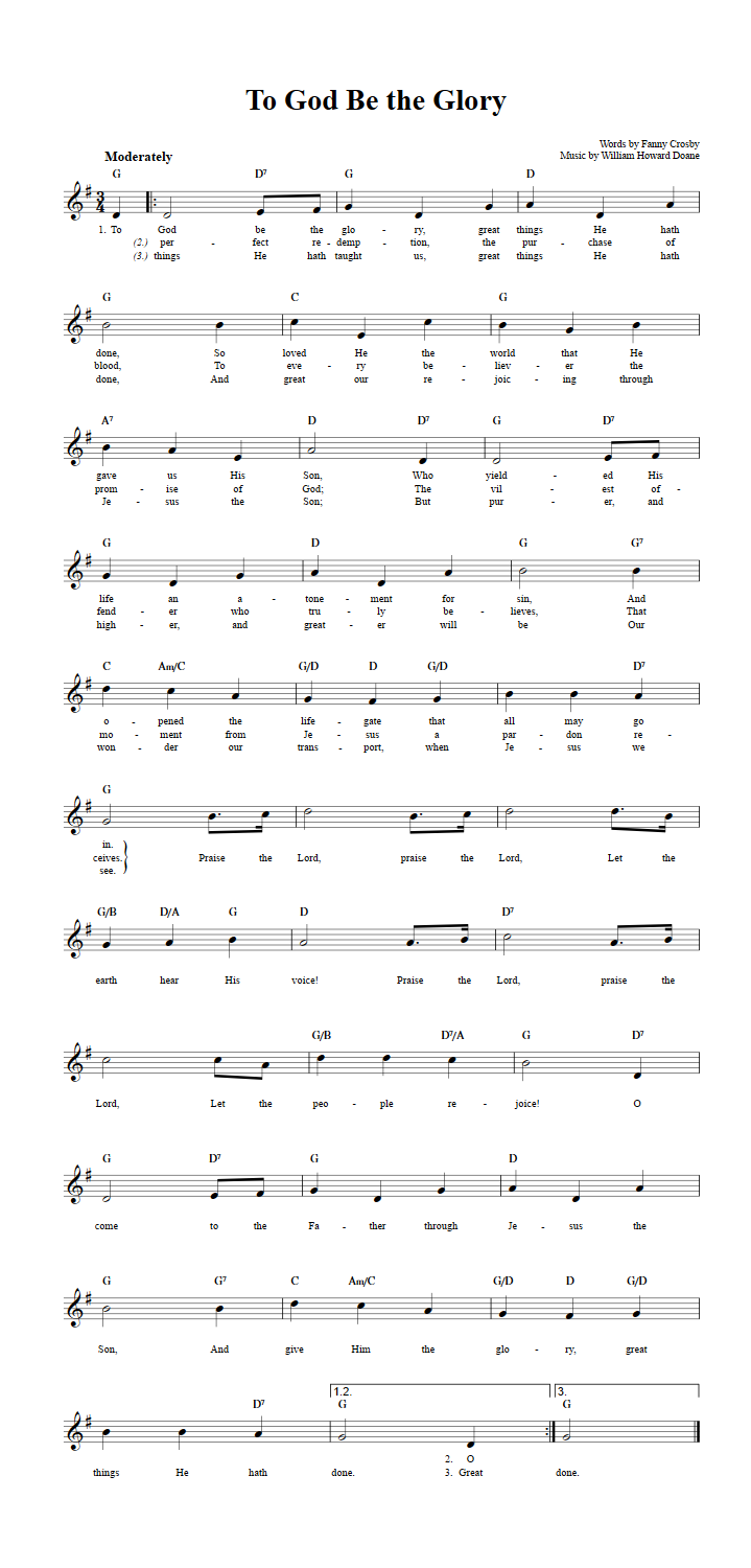To God Be the Glory Treble Clef Sheet Music for C Instruments