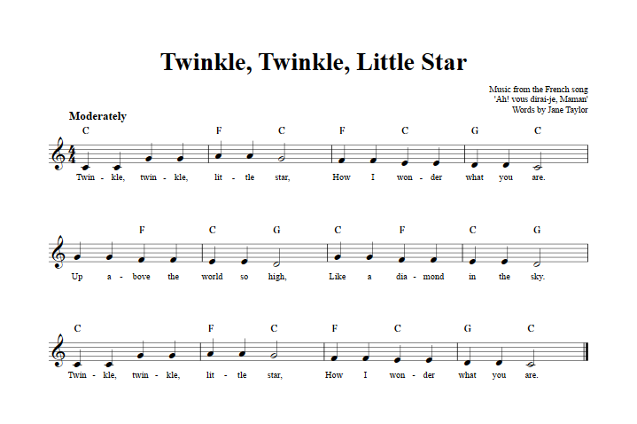 Twinkle, Twinkle, Little Star C Instrument Sheet Music (Lead Sheet) with  Chords and Lyrics