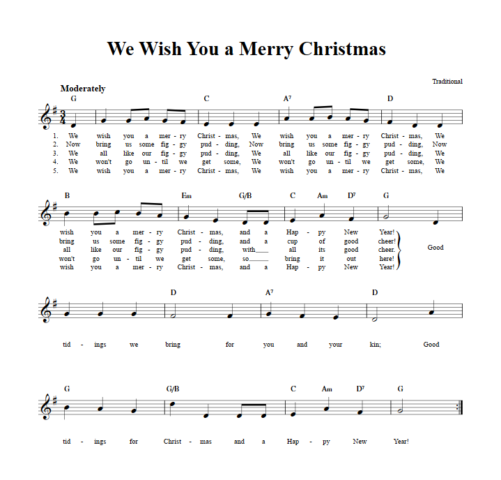 We Wish You a Merry Christmas Treble Clef Sheet Music for C Instruments