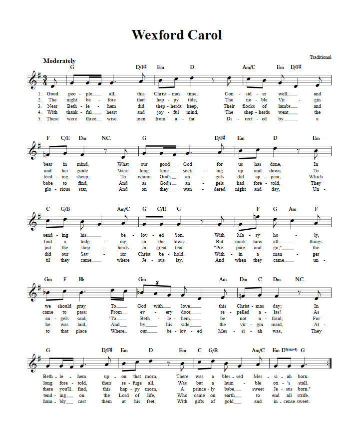 Wexford Carol Treble Clef Sheet Music for C Instruments