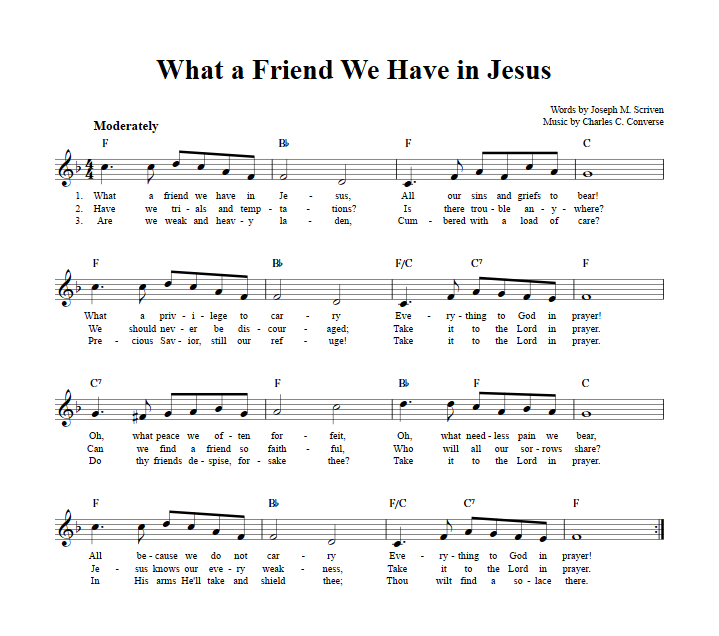 What a Friend We Have in Jesus Treble Clef Sheet Music for C Instruments