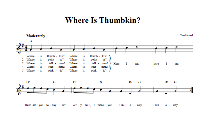 Where Is Thumbkin? Treble Clef Sheet Music for C Instruments