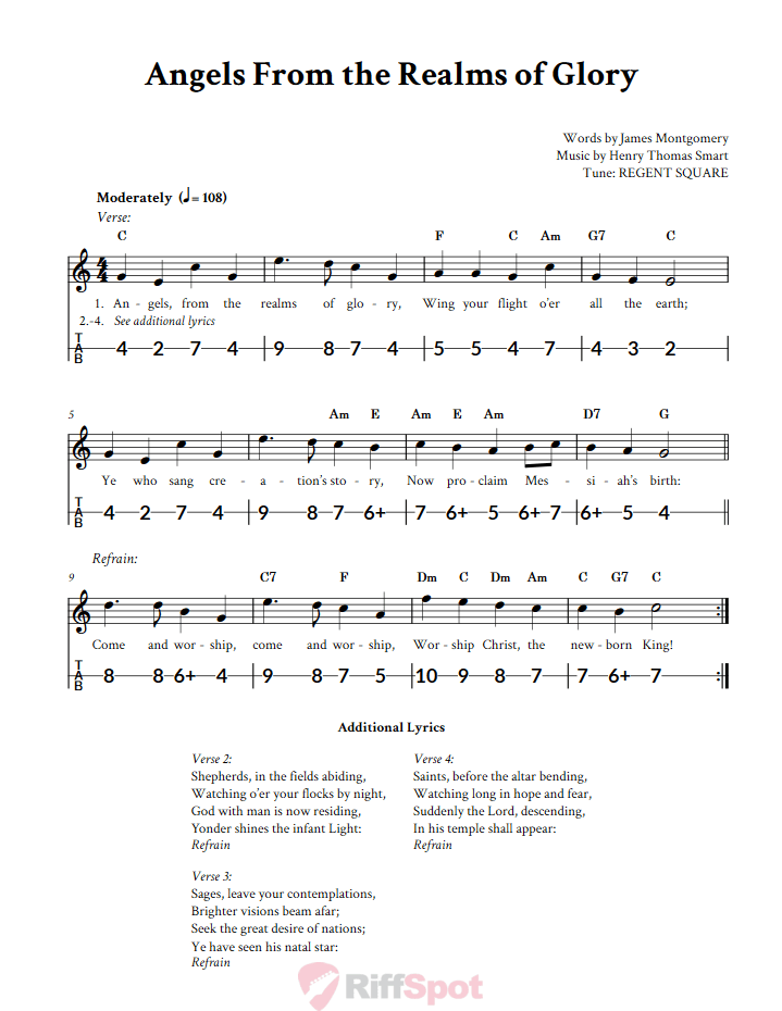 Angels From the Realms of Glory Canjo Sheet Music and Tab
