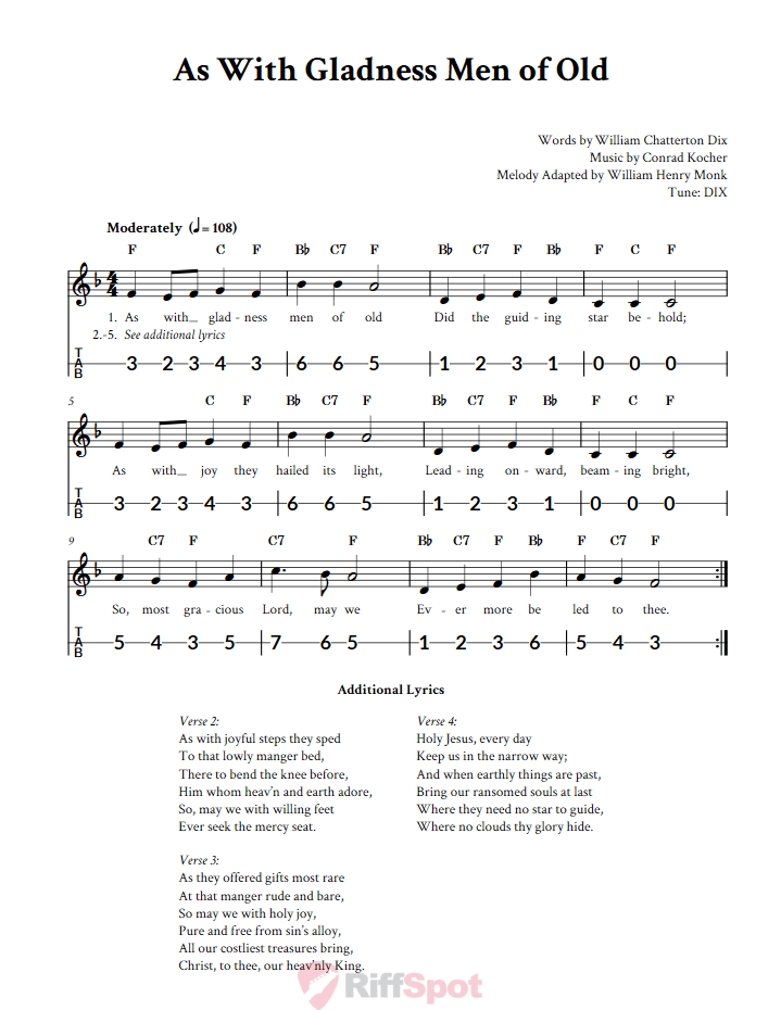 As With Gladness Men of Old Canjo Sheet Music and Tab