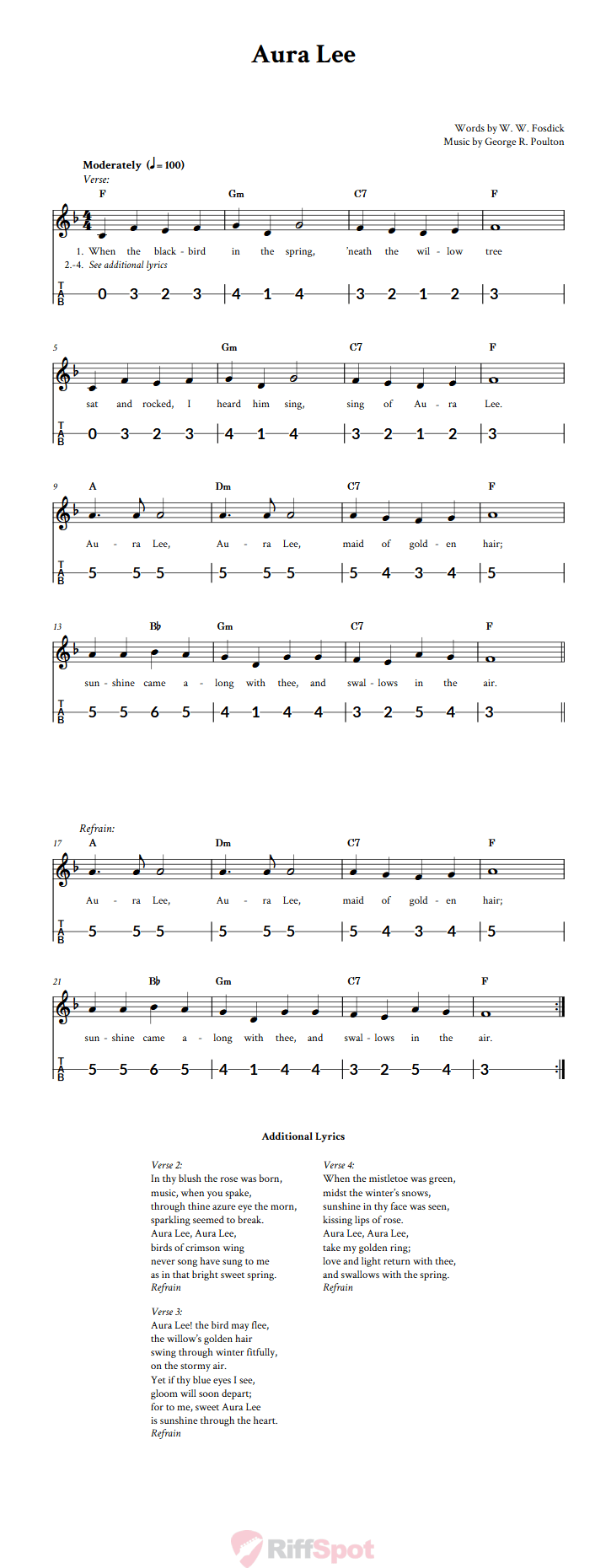 Aura Lee Canjo Sheet Music and Tab