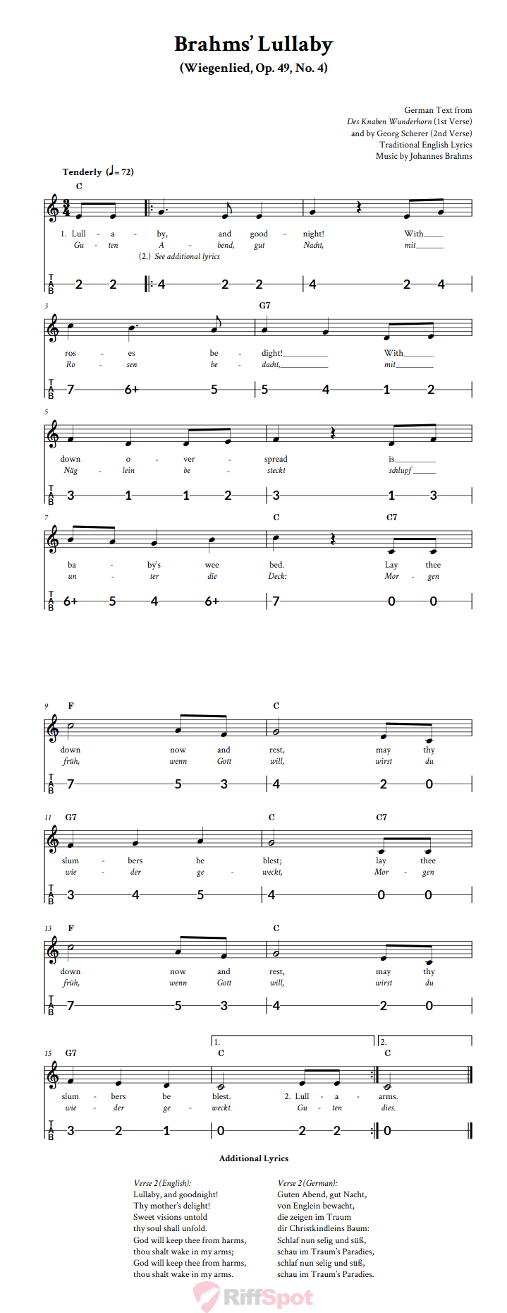 Brahms' Lullaby Canjo Sheet Music and Tab