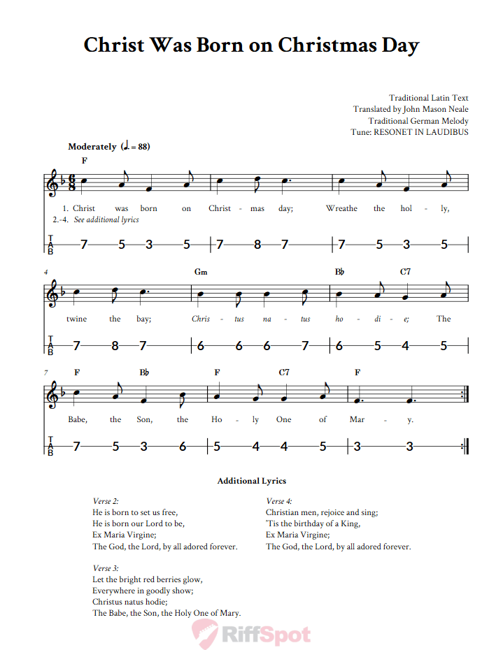 Christ Was Born on Christmas Day Canjo Sheet Music and Tab