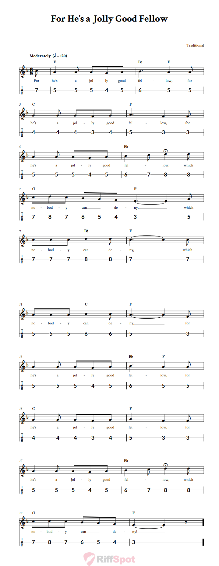 For He's a Jolly Good Fellow Canjo Sheet Music and Tab