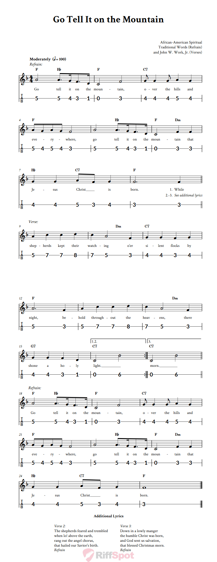 Go Tell It on the Mountain Canjo Sheet Music and Tab